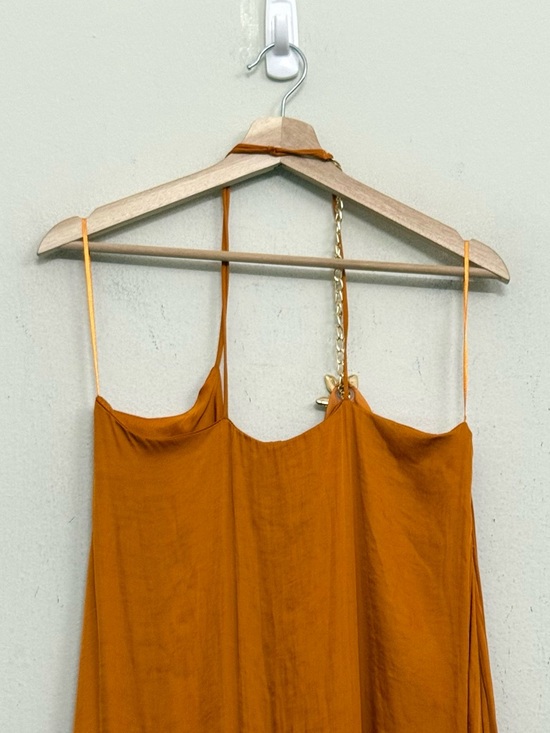 NWT Zara Satin Effect Midi Dress with Gold floral appliqué in Burnt Orange Sz M - Picture 10 of 16